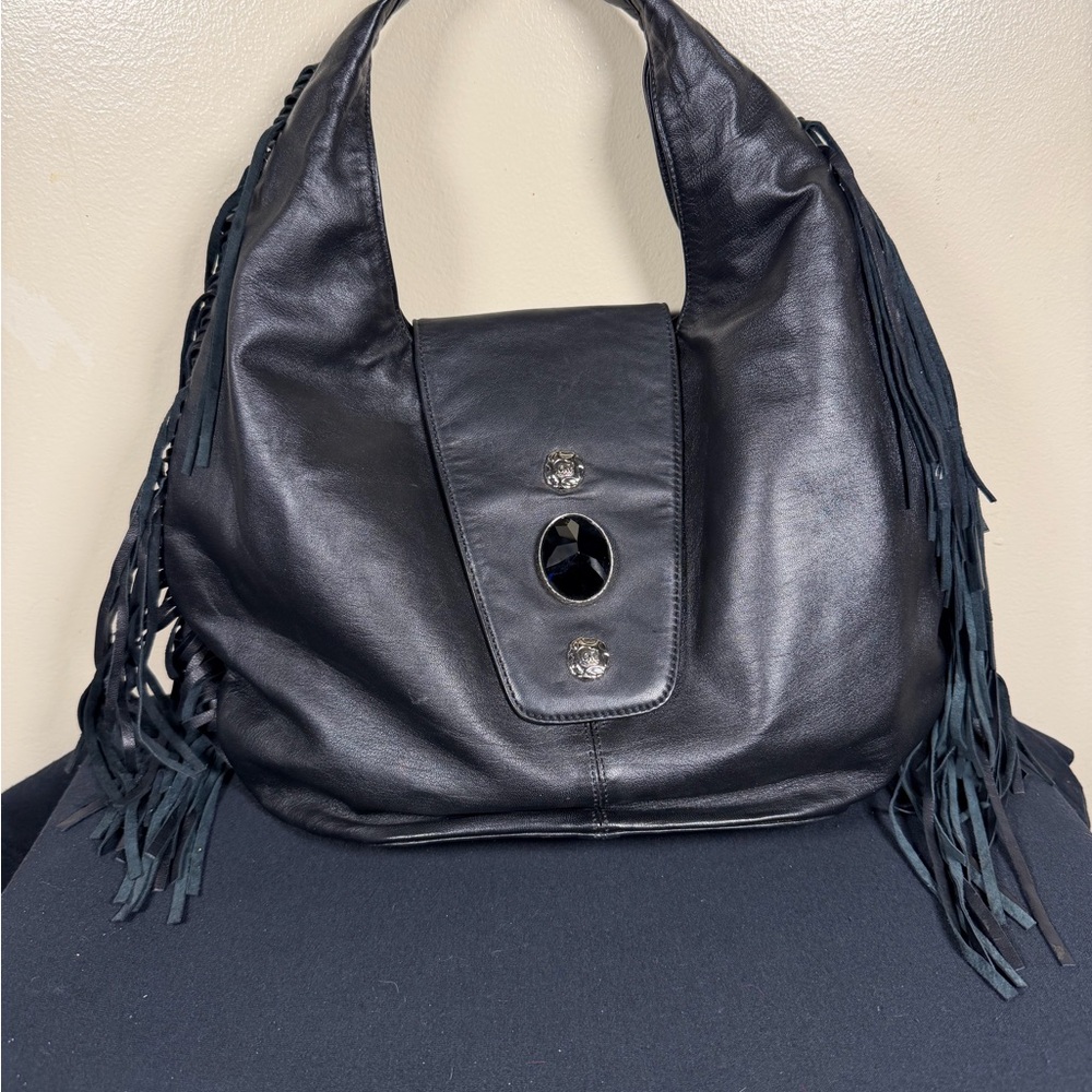 Western fringe Black Leather Hobo Bag, boho, bohochic,